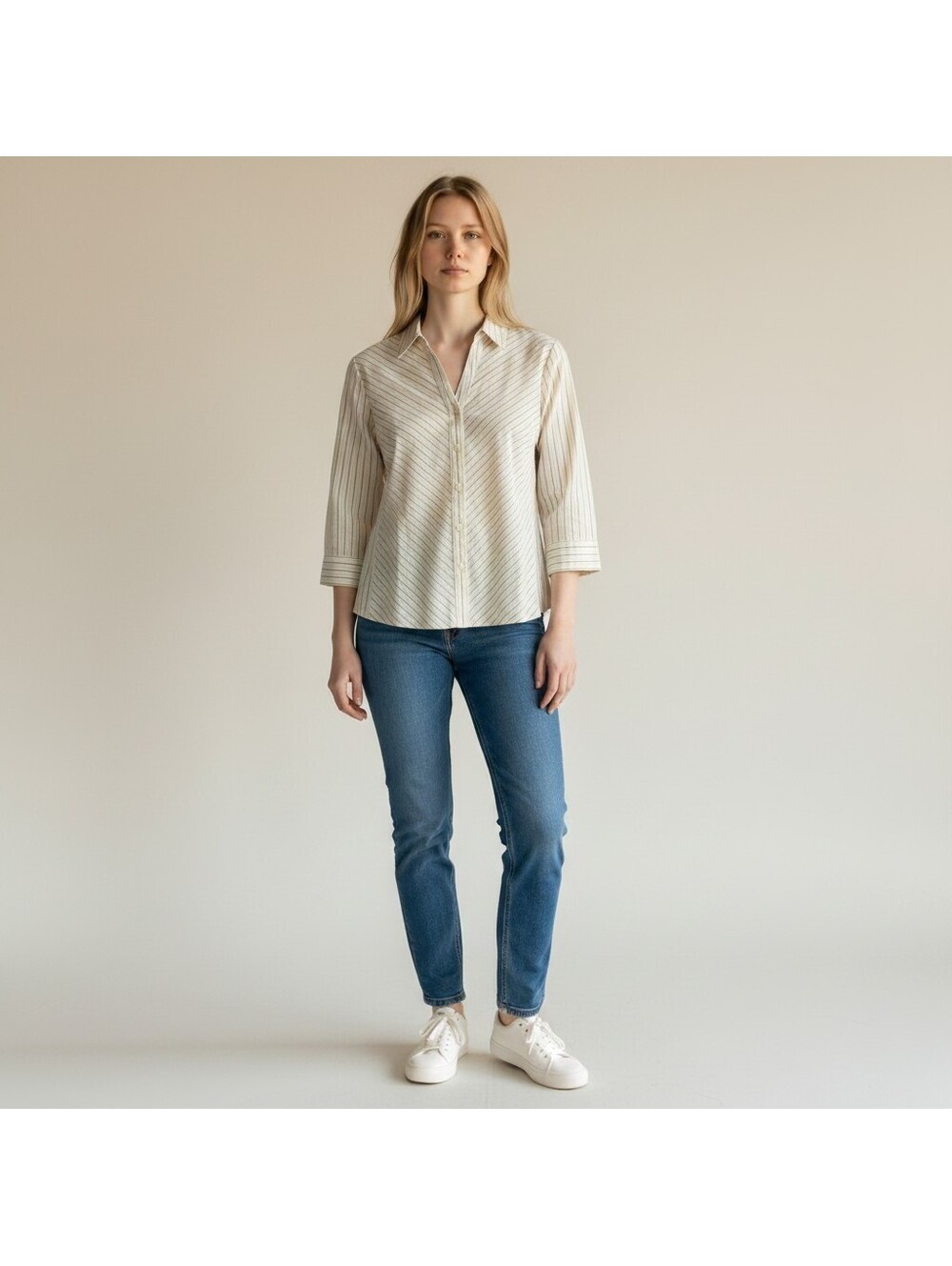 Worthington Shirt Women 14 White Striped Button Up Collared 3/4 Sleeve Stretch